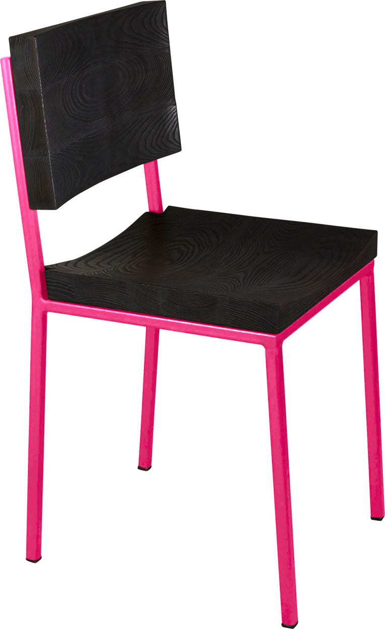 Hot pink metal chair with black stain ash wood made in UK - angle view square frame