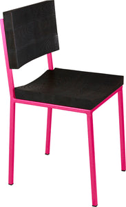 Hot pink metal chair with black stain ash wood made in UK - angle view square frame