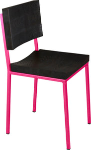 Hot pink metal chair with black stain ash wood made in UK - angle view square frame