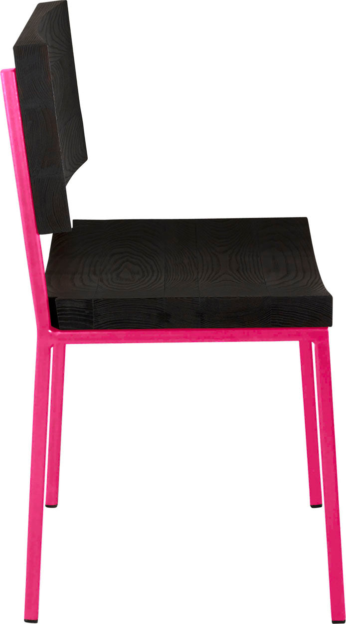 Hot pink metal chair with black stain ash wood made in UK - side view square frame