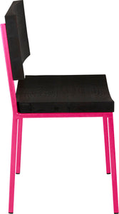 Hot pink metal chair with black stain ash wood made in UK - side view square frame