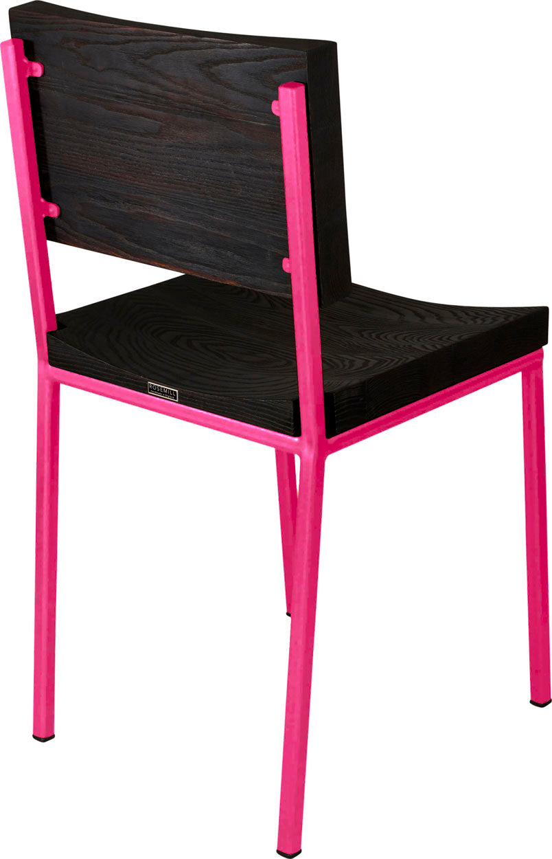 Hot pink metal chair with black stain ash wood made in UK - back side view square frame