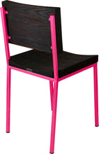 Load image into Gallery viewer, Hot pink metal chair with black stain ash wood made in UK - back side view square frame
