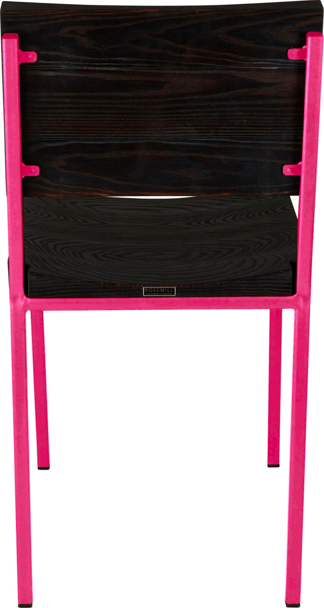 Hot pink metal chair with black stain ash wood made in UK - back view square frame