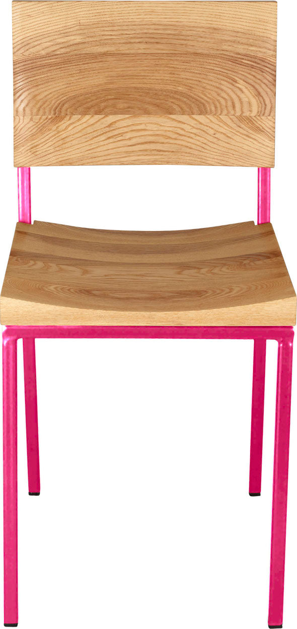 Hot pink metal chair with natural stain ash wood made in UK - front view square frame
