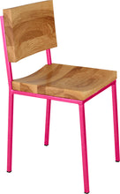Load image into Gallery viewer, Hot pink metal chair with natural stain ash wood made in UK - angle view square frame
