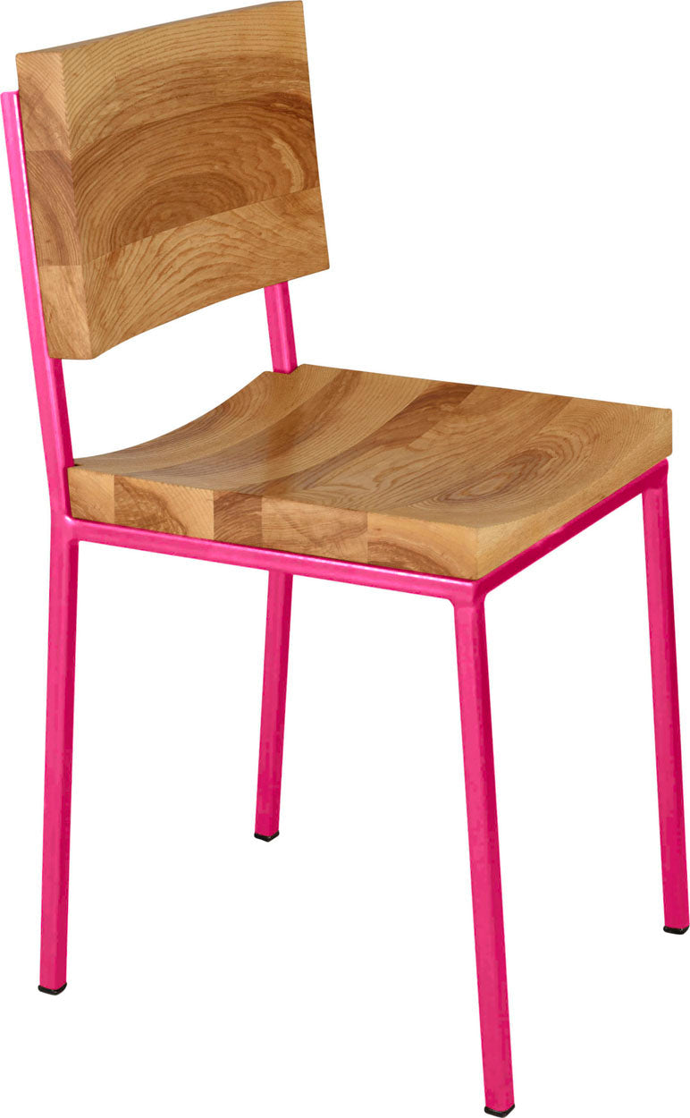 Hot pink metal chair with natural stain ash wood made in UK - angle view square frame