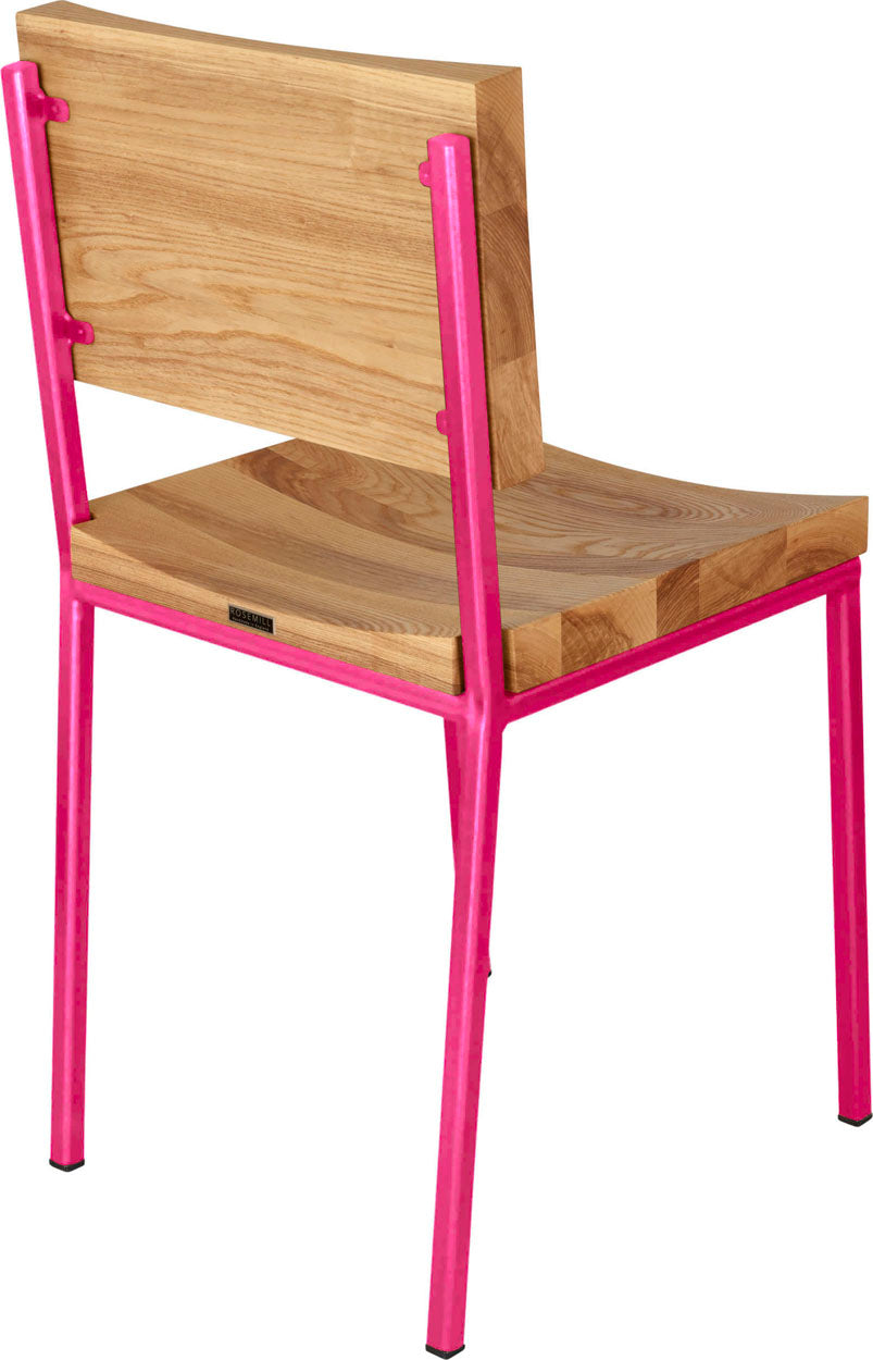 Hot pink metal chair with natural stain ash wood made in UK - back side view square frame