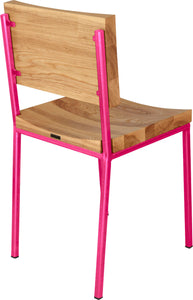 Hot pink metal chair with natural stain ash wood made in UK - back side view square frame