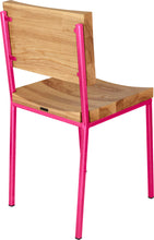 Load image into Gallery viewer, Hot pink metal chair with natural stain ash wood made in UK - back side view square frame
