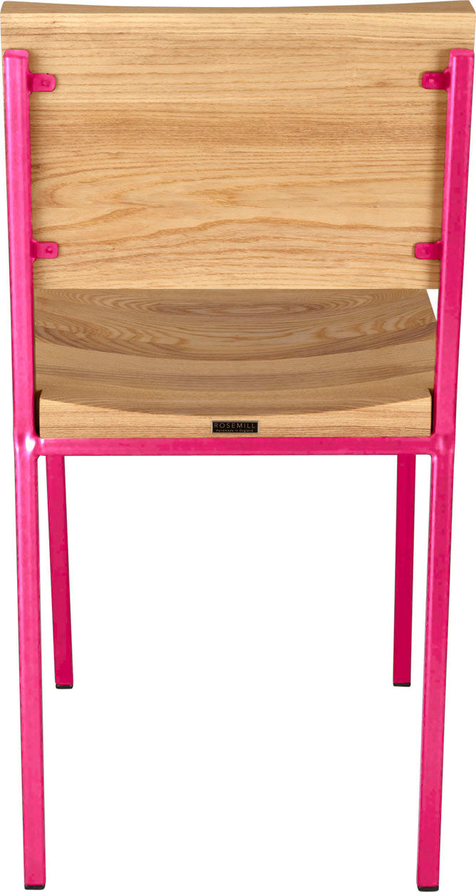 Hot pink metal chair with natural stain ash wood made in UK - back view square frame