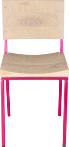 Hot pink metal chair with whitewash stain ash wood made in UK - front view square frame