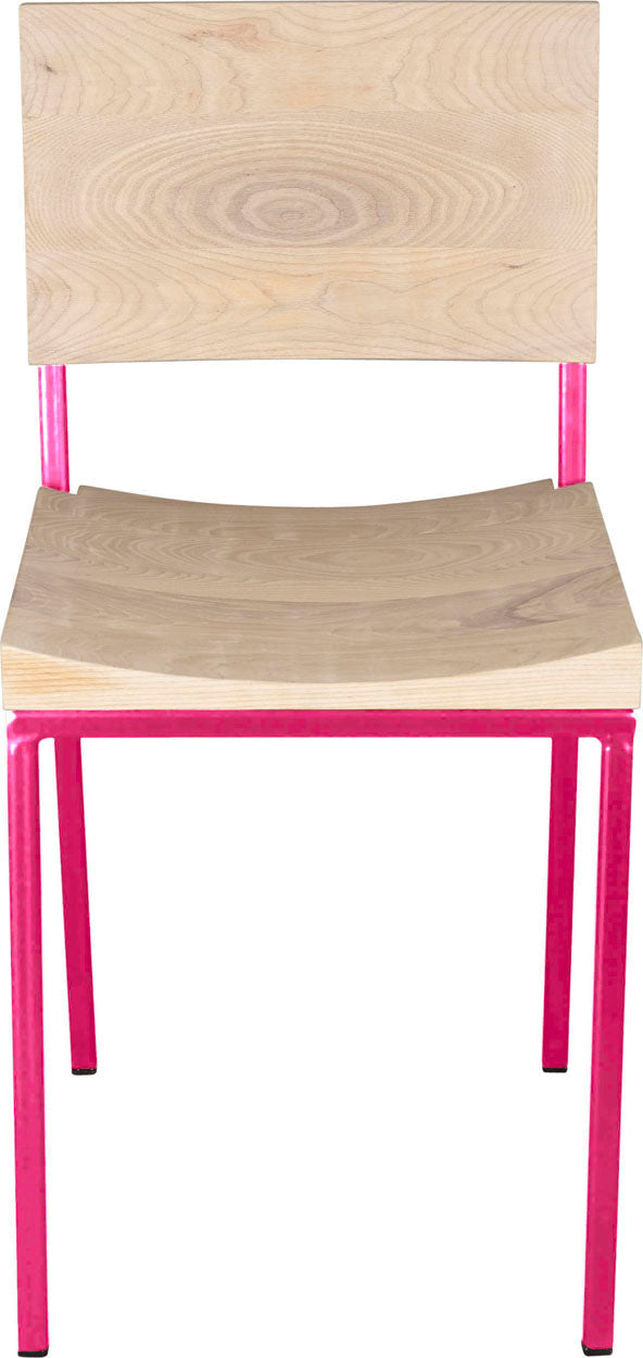 Hot pink metal chair with whitewash stain ash wood made in UK - front view square frame