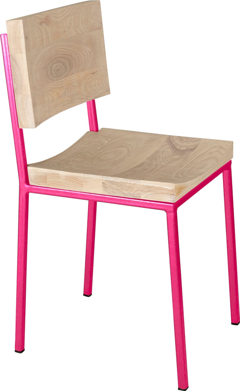 Hot pink metal chair with whitewash stain ash wood made in UK - angle view square frame