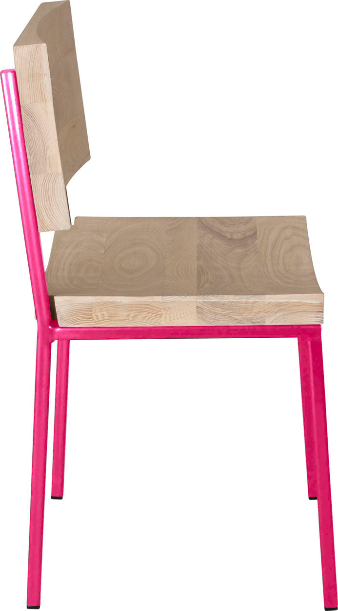 Hot pink metal chair with whitewash stain ash wood made in UK - side view square frame