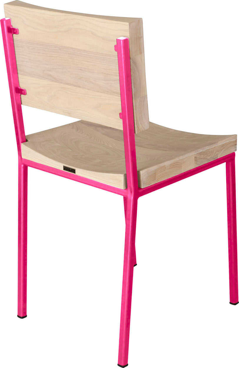 Hot pink metal chair with whitewash stain ash wood made in UK - back side view square frame