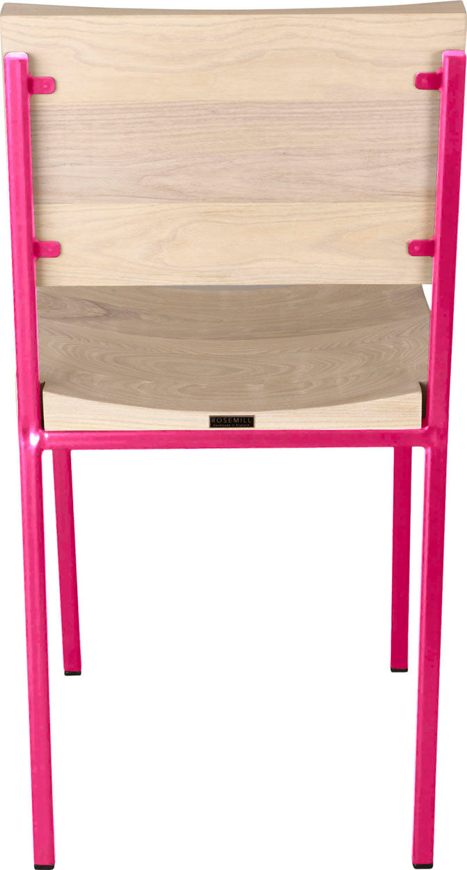 Hot pink metal chair with whitewash stain ash wood made in UK - back view square frame
