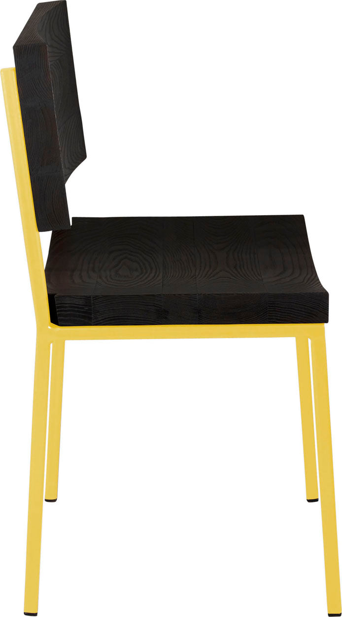 Yellow metal chair with black stain ash wood made in UK - side view square frame