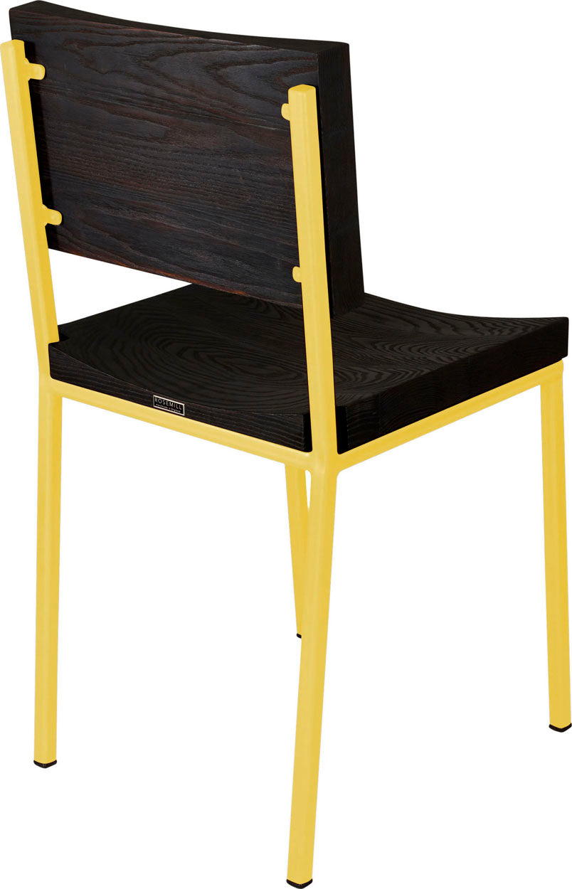 Yellow metal chair with black stain ash wood made in UK - back side view square frame
