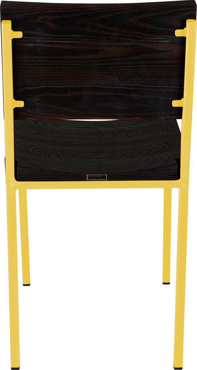 Yellow metal chair with black stain ash wood made in UK - back view square frame