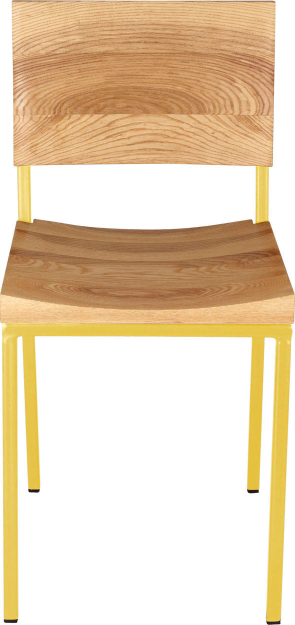 Yellow metal chair with natural stain ash wood made in UK - front view square frame