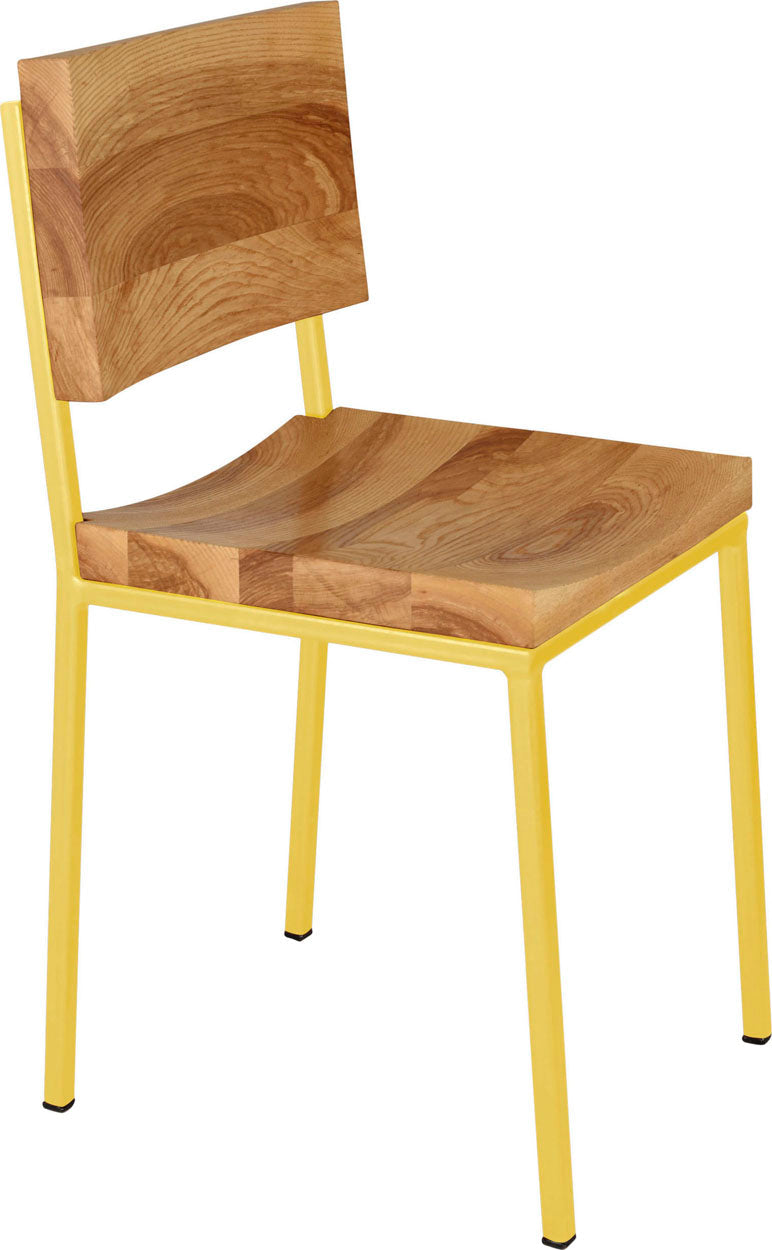 Yellow metal chair with natural stain ash wood made in UK - angle view square frame