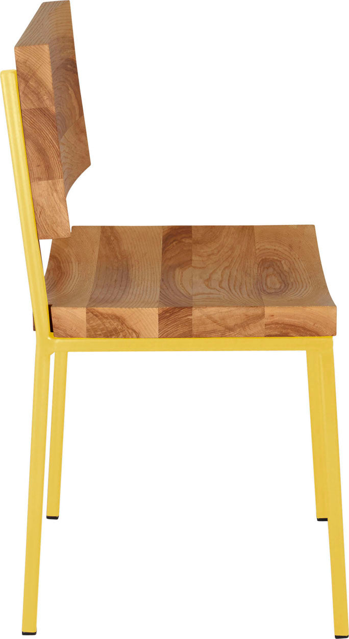 Yellow metal chair with natural stain ash wood made in UK - side view square frame