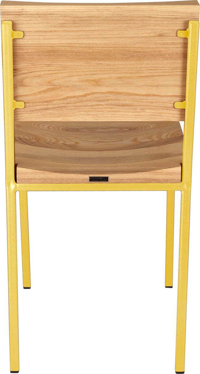 Yellow metal chair with natural stain ash wood made in UK - back view square frame