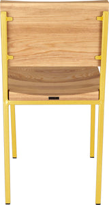 Yellow metal chair with natural stain ash wood made in UK - back view square frame