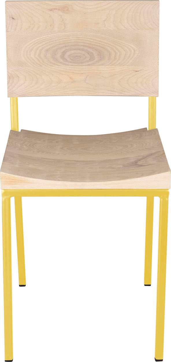Yellow metal chair with whitewash stain ash wood made in UK - front view square frame
