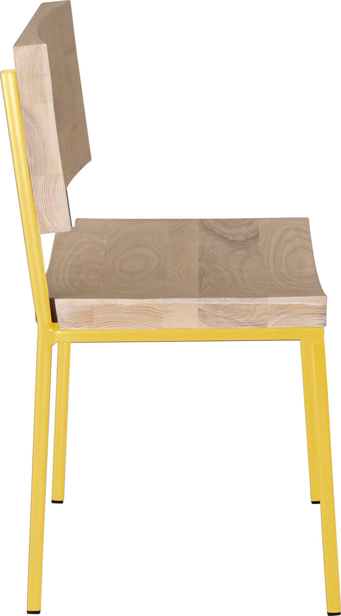 Yellow metal chair with whitewash stain ash wood made in UK - side view square frame