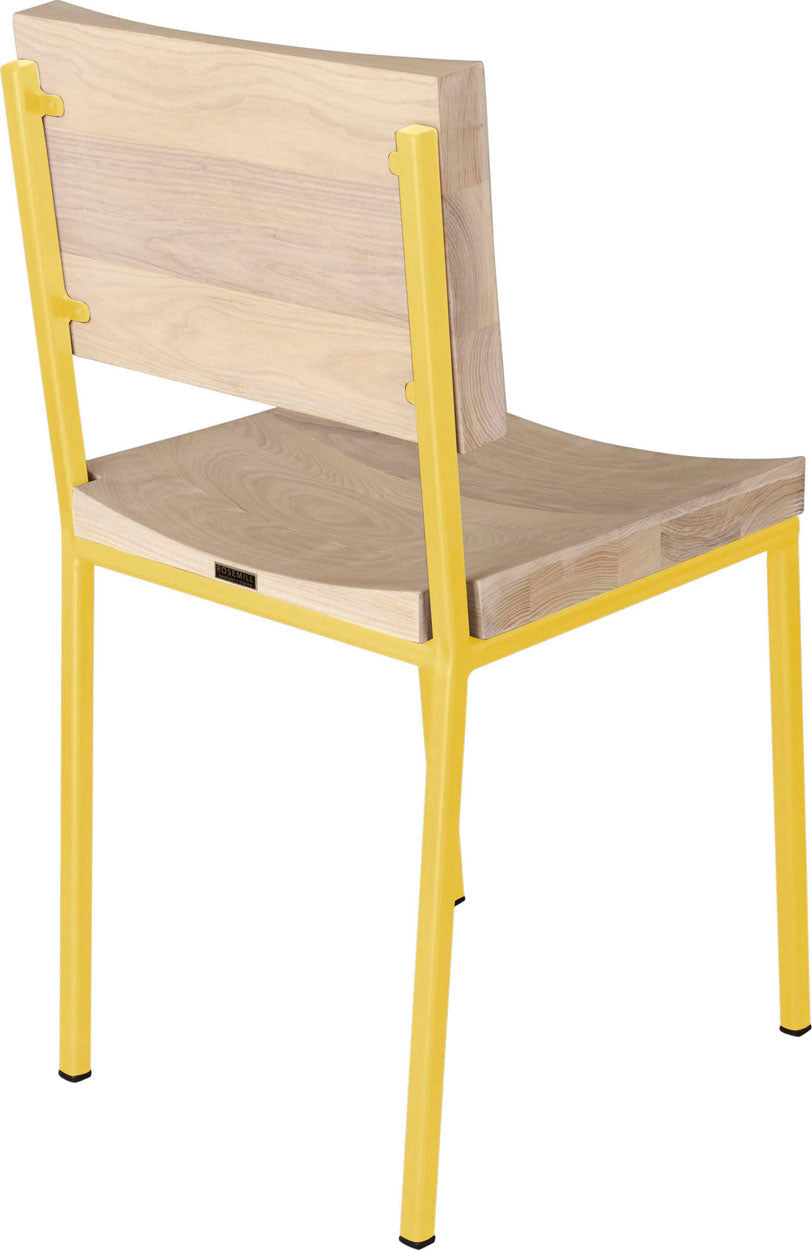 Yellow metal chair with whitewash stain ash wood made in UK - back side view square frame