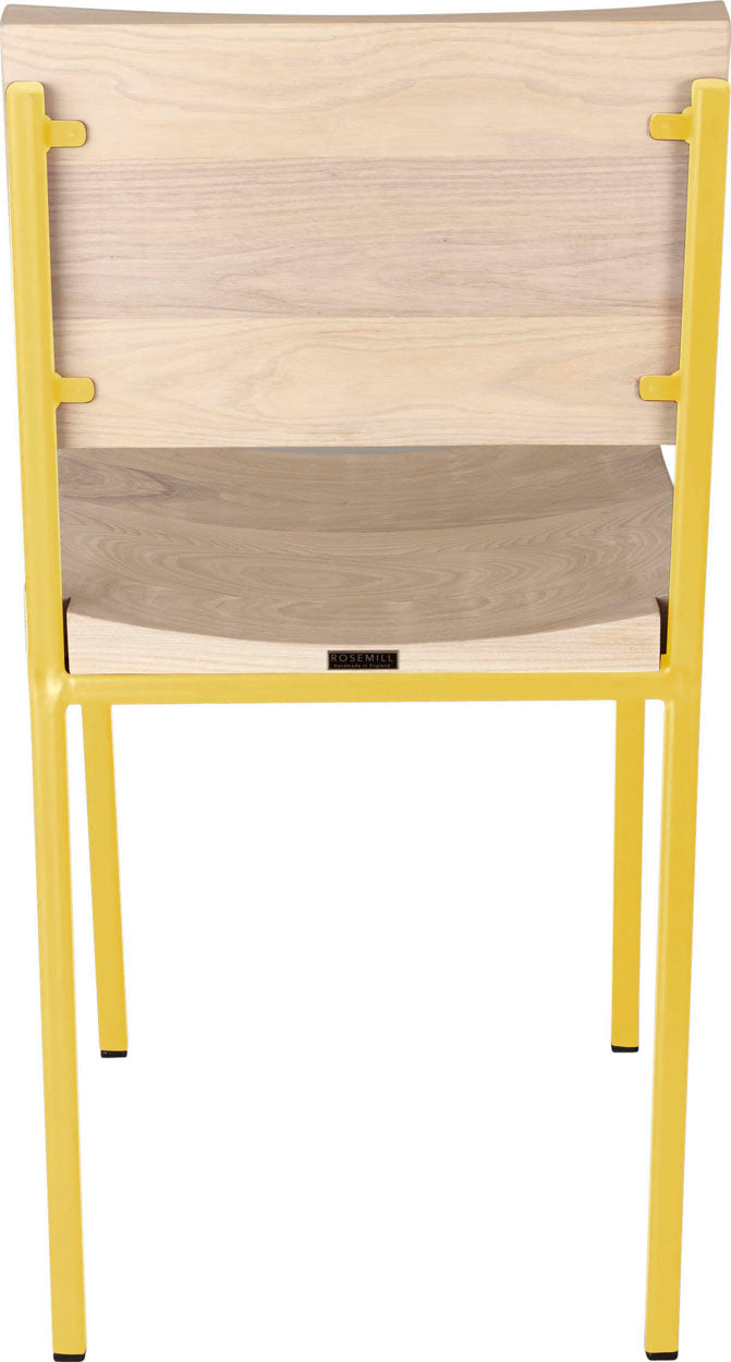 Yellow metal chair with whitewash stain ash wood made in UK - back view square frame