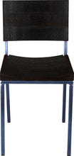 Load image into Gallery viewer, Blue metal chair with black stain ash wood made in UK - front view square frame
