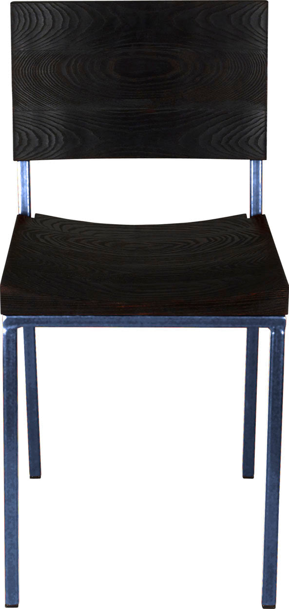 Blue metal chair with black stain ash wood made in UK - front view square frame