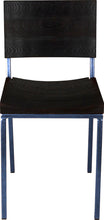 Load image into Gallery viewer, Blue metal chair with black stain ash wood made in UK - front view square frame
