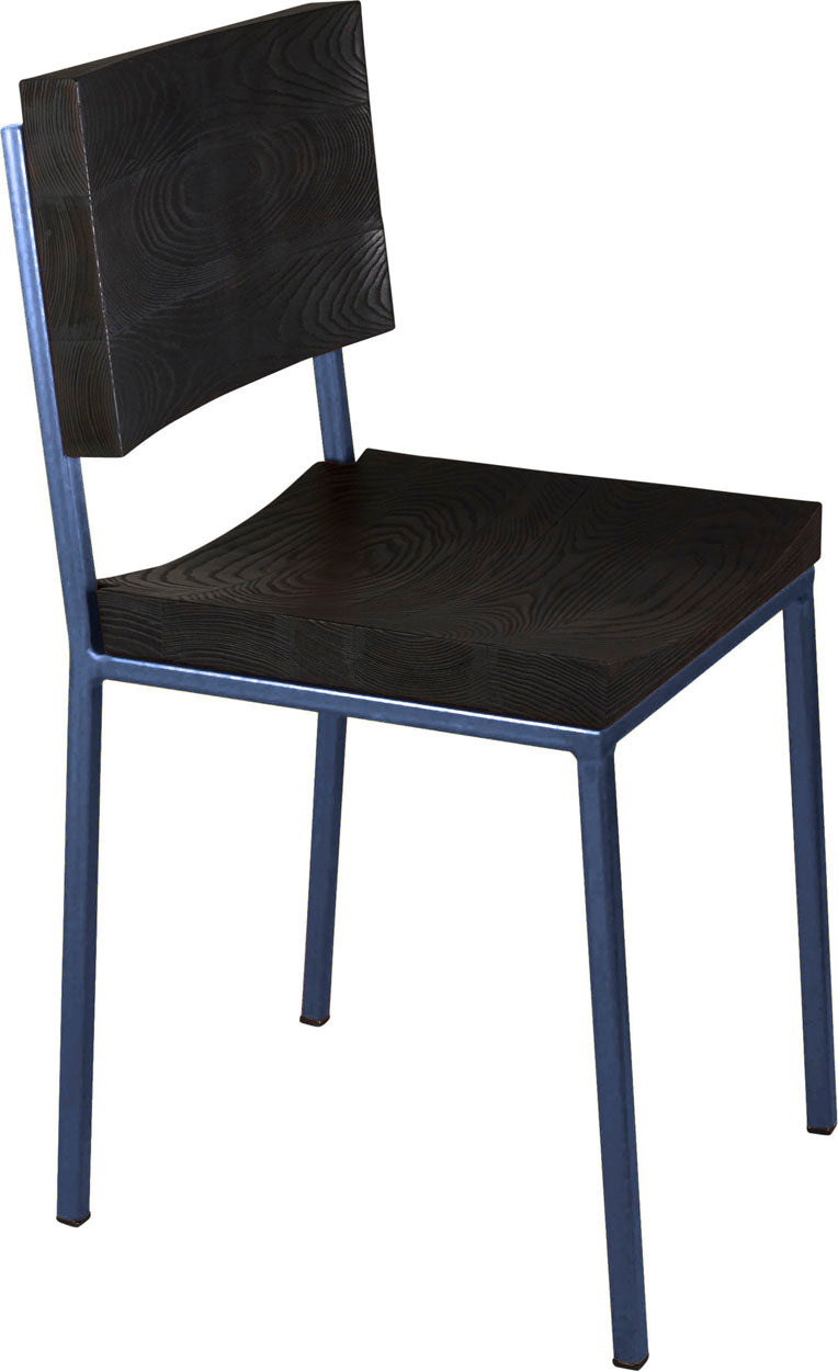 Blue metal chair with black stain ash wood made in UK - angle view square frame