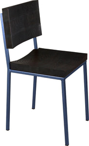 Blue metal chair with black stain ash wood made in UK - angle view square frame