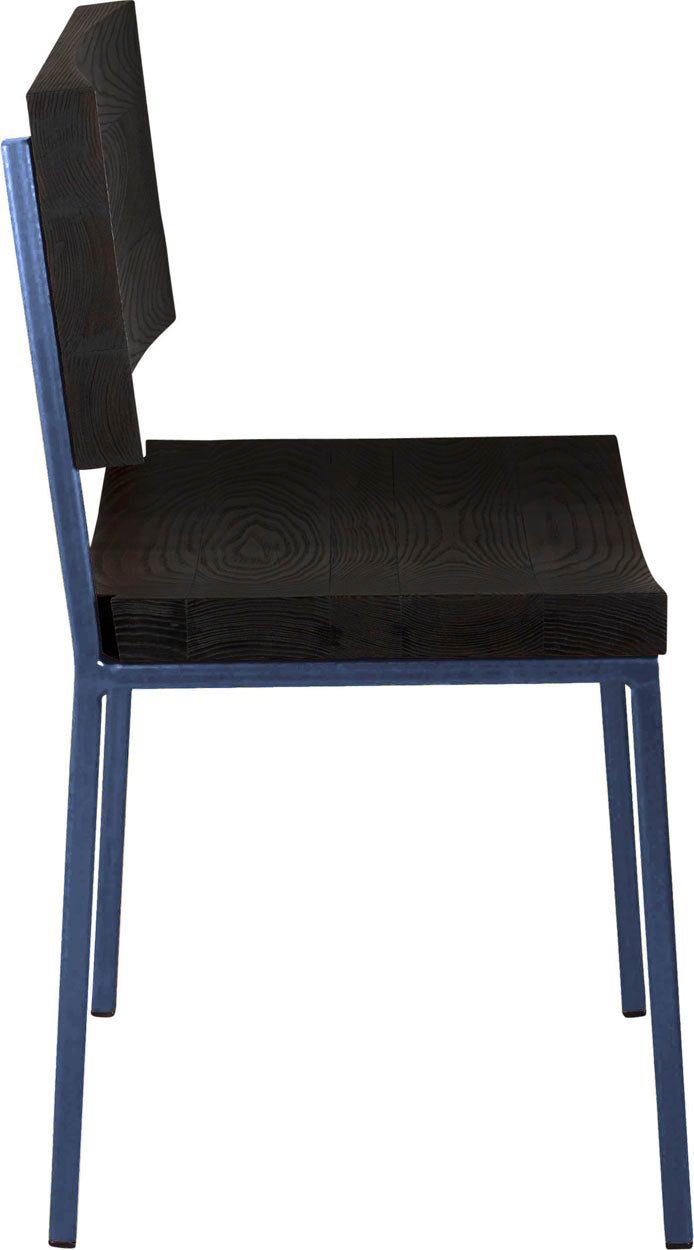 Blue metal chair with black stain ash wood made in UK - side view square frame