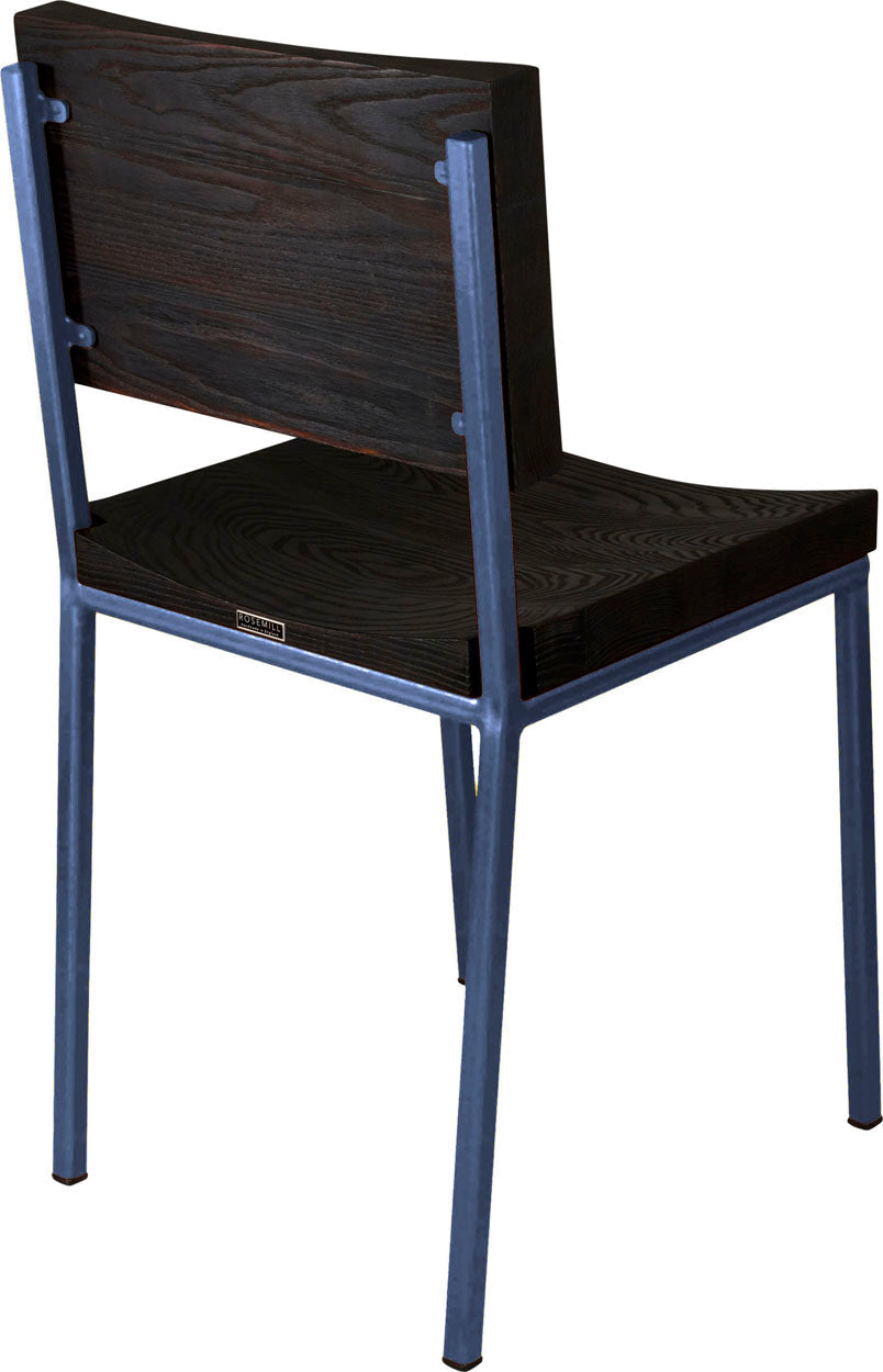Blue metal chair with black stain ash wood made in UK - back side view square frame