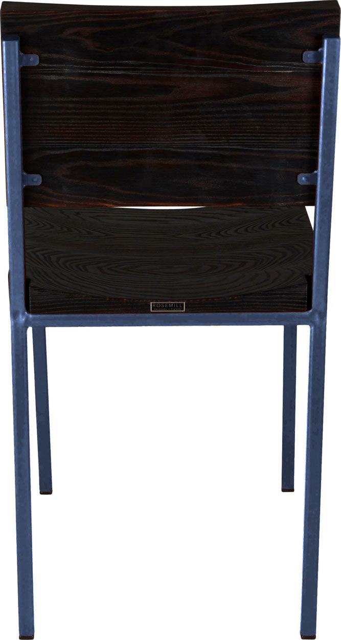 Blue metal chair with black stain ash wood made in UK - back view square frame