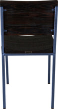 Load image into Gallery viewer, Blue metal chair with black stain ash wood made in UK - back view square frame
