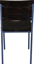 Load image into Gallery viewer, Blue metal chair with black stain ash wood made in UK - back view square frame
