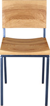 Load image into Gallery viewer, Blue metal chair with natural stain ash wood made in UK - front view square frame
