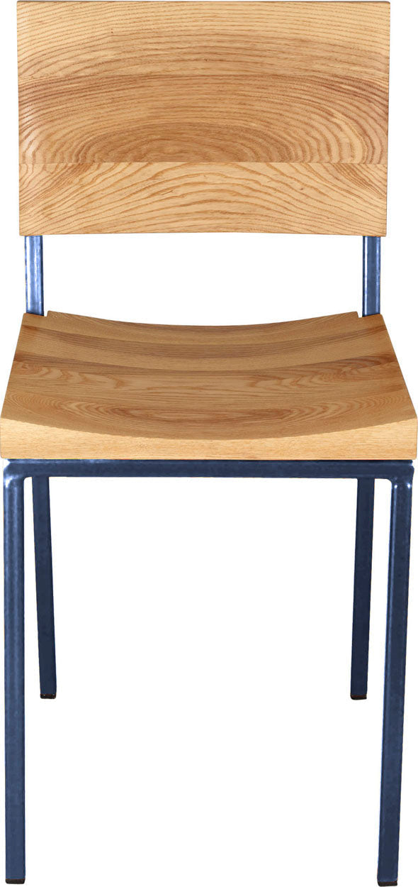 Blue metal chair with natural stain ash wood made in UK - front view square frame