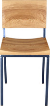 Load image into Gallery viewer, Blue metal chair with natural stain ash wood made in UK - front view square frame

