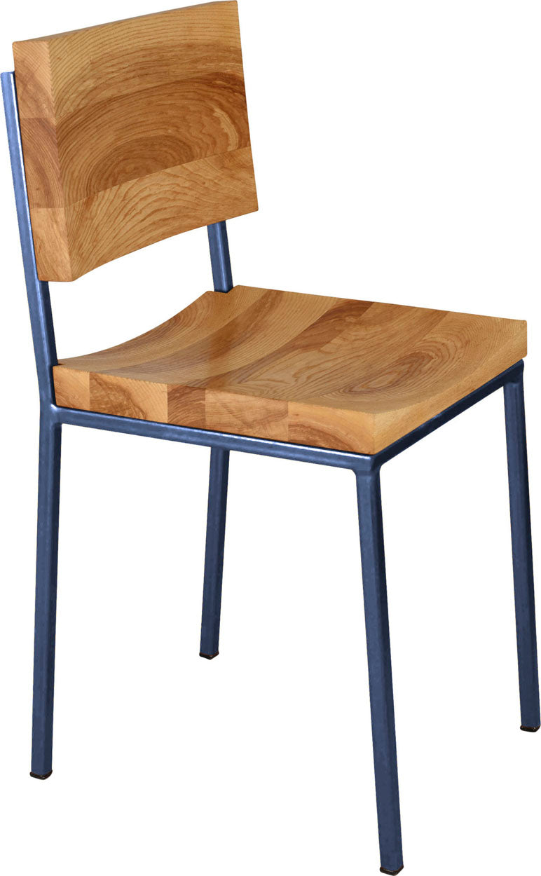 Blue metal chair with natural stain ash wood made in UK - angle view square frame