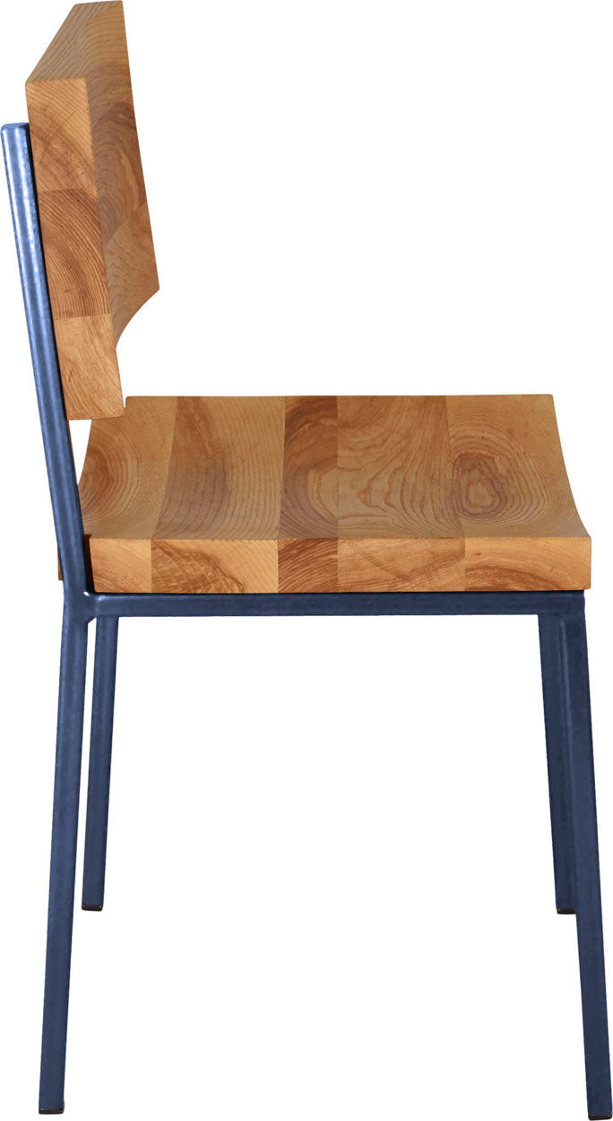 Blue metal chair with natural stain ash wood made in UK - side view square frame