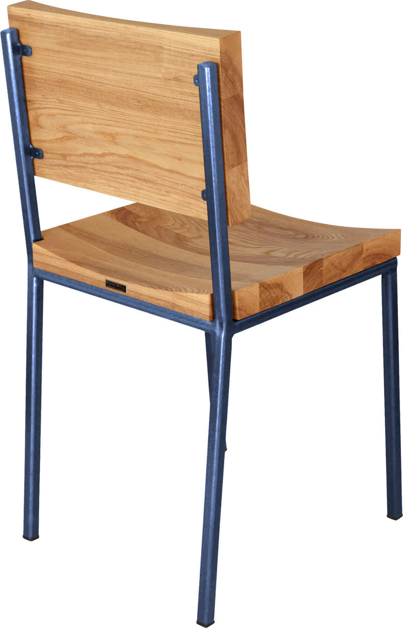Blue metal chair with natural stain ash wood made in UK - back side view square frame