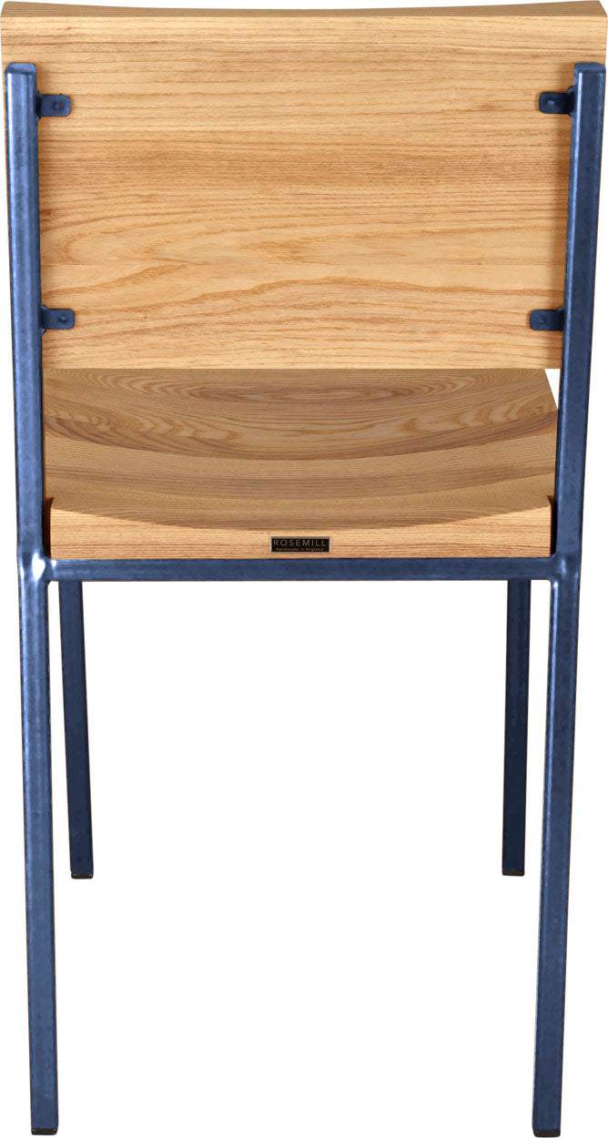 Blue metal chair with natural stain ash wood made in UK - back view square frame